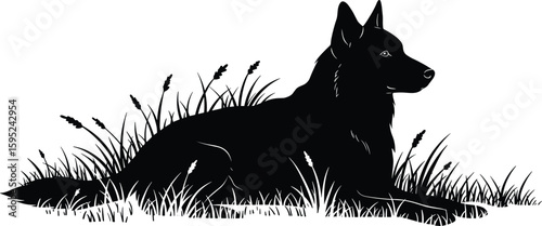 German Shepherd silhouette lying in grassy field, peaceful nature scene, outdoor wildlife moment, pet companion illustration, black vector design