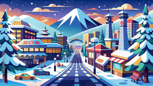 Sapporo, Hokkaido, Japan – Snow festivals, clean streets, and surrounding mountains provide crisp, wintry textures for seasonal vector art.