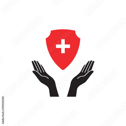 red shield and cross with two thin line hands. concept of charity foundation or non profit organization emblem. simple flat trend cupped logotype graphic stroke art design element isolated on white
