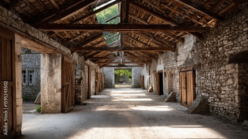 Interior of Stone Building with Wooden Roof and Doorways