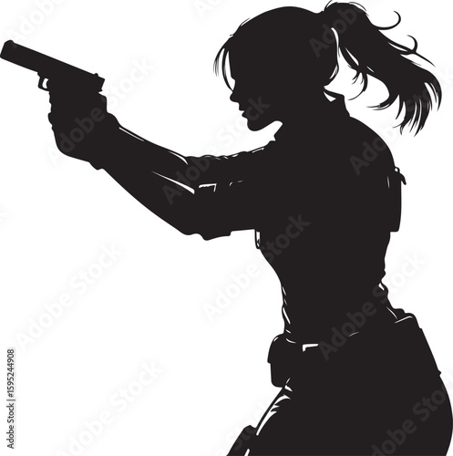 Powerful and fierce woman character artwork in bold pose with guns, expressing heroism and empowerment.