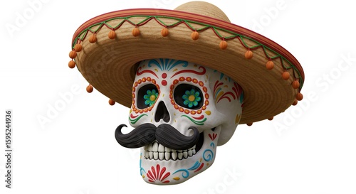 Day of the dead skull decorated with sombrero