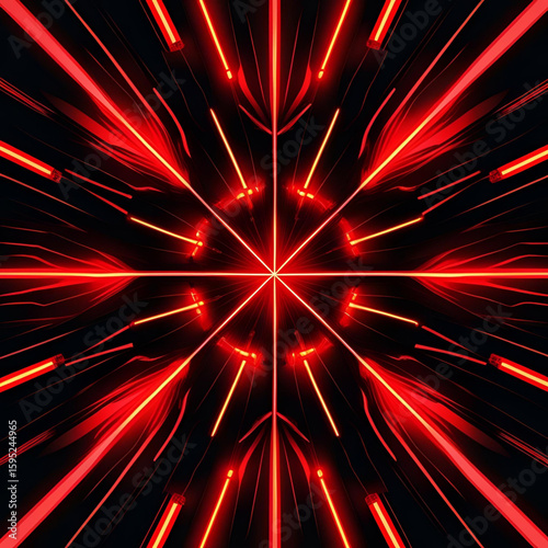 Striking red neon light rays converging to a central point on a black background, creating a dynamic and energetic visual effect.