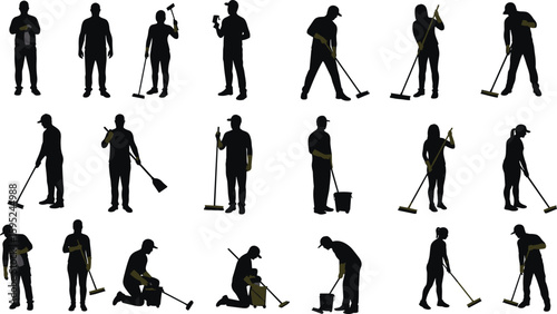 Silhouette of cleaning staff with tools, professional workers in action, hygiene maintenance poses, sanitation services, vector design illustration