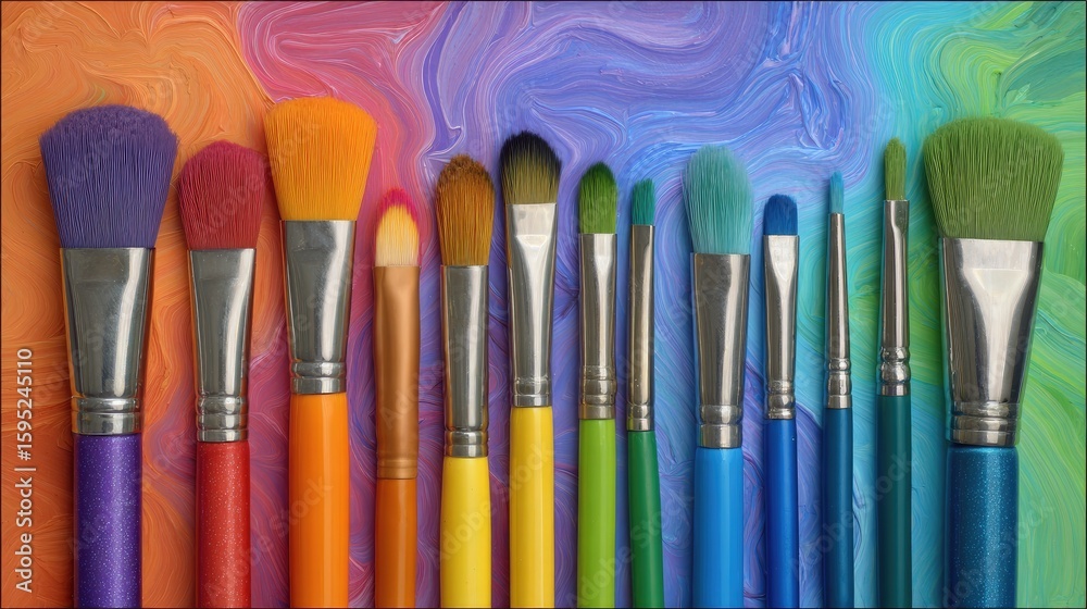 Fototapeta premium Colorful sponges and brushes create a vibrant painting atmosphere with whimsical rainbow touches on a creative workspace