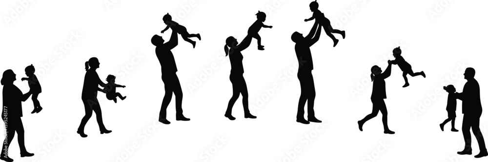 Obraz premium Silhouette of family playing together, joyful childhood moment, outdoor bonding scene, parenting love, happy kids, black vector illustration design