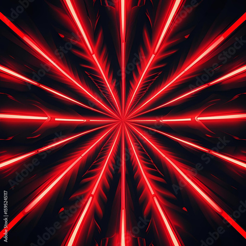 Striking red neon light rays converging to a central point on a black background, creating a dynamic and energetic visual effect.