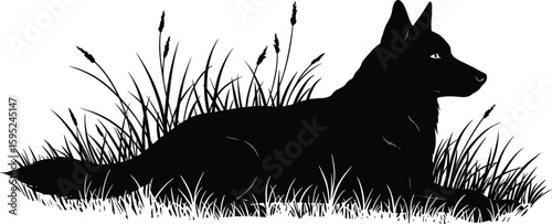 Silhouette of dog resting in grassy landscape, peaceful countryside scene, outdoor nature illustration, companion animal design, black vector artwork