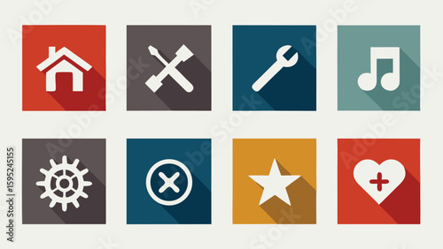 Collection of eight flat design icons with long shadows