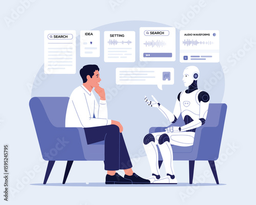Flat Illustration of Human and Robot Conversation in Blue Armchair  
