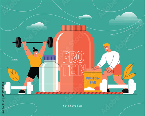 Flat Fitness Supplement Illustration with Protein Powder and BCAA Jar  