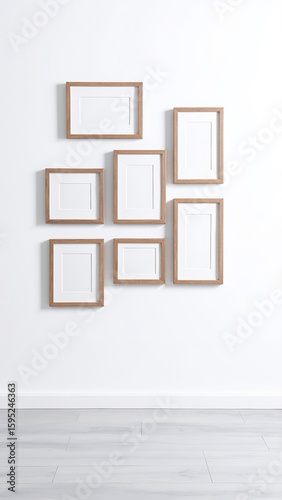 A rustic wall adorned with various wooden frames, showcasing an eclectic mix of artwork and photographs, creating a warm and inviting atmosphere.