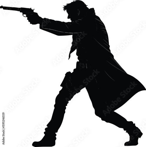  A bold silhouette of a man aiming a gun in a dramatic pose, symbolizing courage, danger, and decisive action