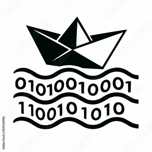 Origami paper boat sailing on the vast ocean waves, a vector illustration of summer travel and nautical adventure