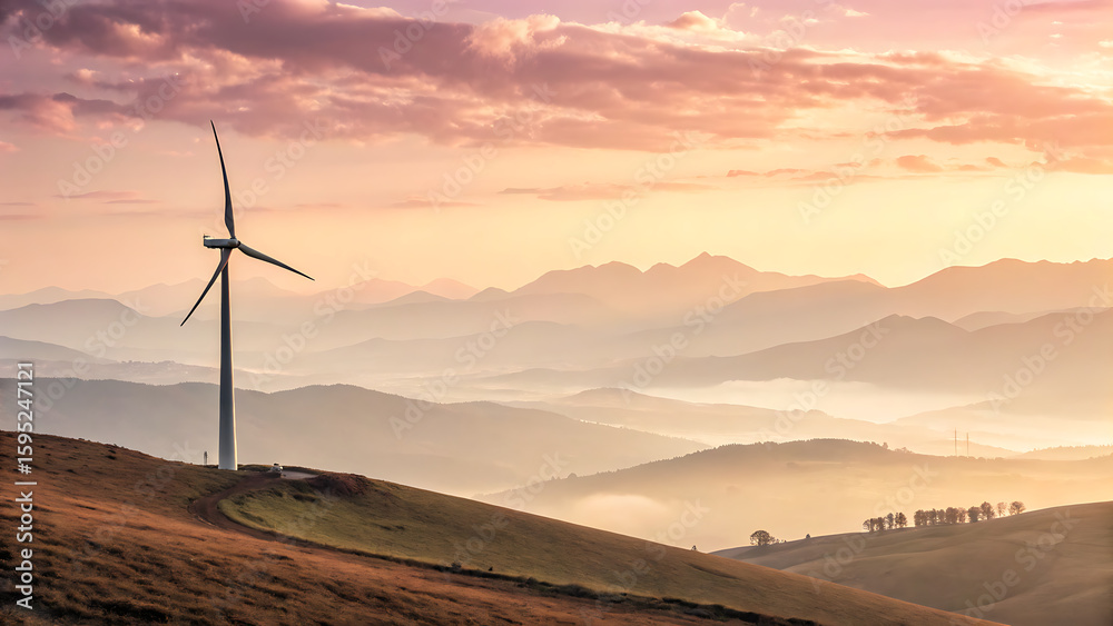Obraz premium A wind turbine stands tall on a hilltop at sunset, generating clean energy against a backdrop of misty mountains