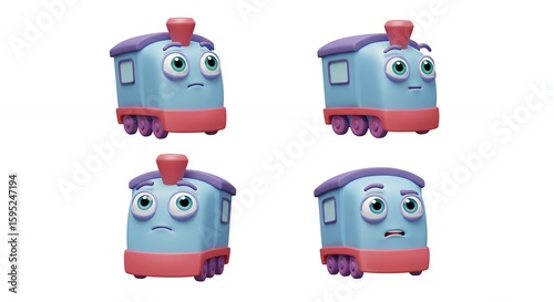 Four cartoon train toy figures expressions