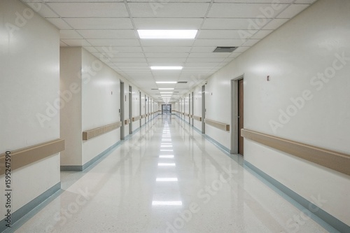 Wallpaper Mural White symmetrical hospital hallway with tile floor and bright overhead lighting, empty facility corridor for medical service concept

 Torontodigital.ca