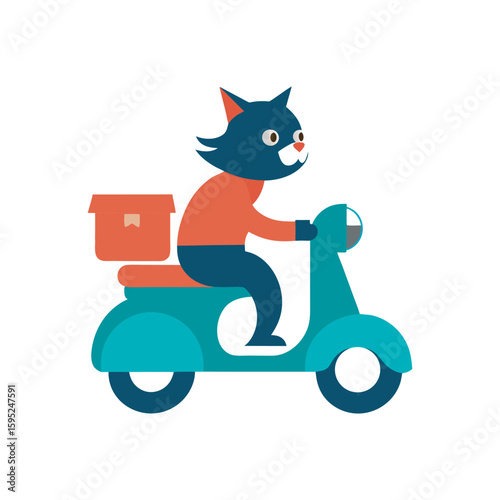 vector flat color cat riding a delivery scooter