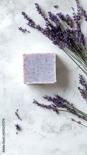 Lavender sprigs surround handmade soap bar upon a textured off white surface, providing natural aromatherapy