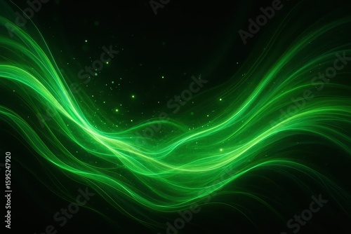 Mesmerizing abstract green energy waves with luminous particle effects and dynamic motion