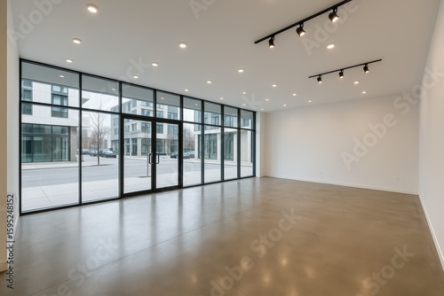 Modern empty retail storefront with floor-to-ceiling windows and sleek interior design