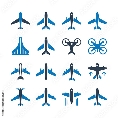 Airplane and drone icon set blue design