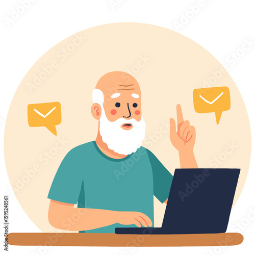 Grandfather checking email. Elderly man using laptop. Senior reading message online. Old man browsing internet. Elderly set