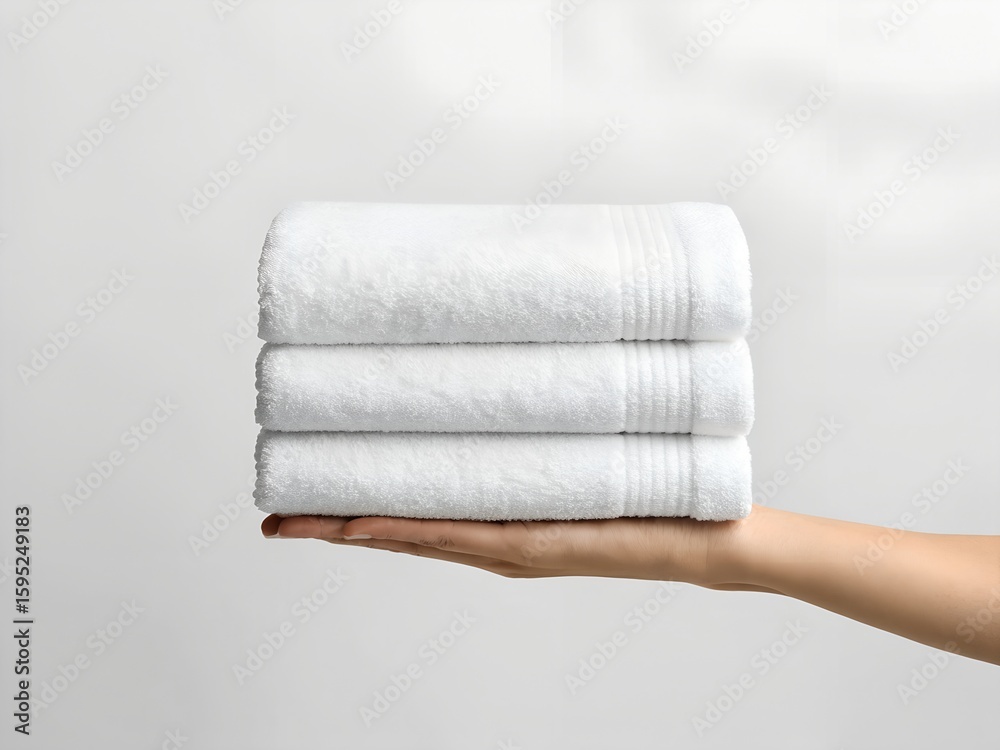 Obraz premium A Hand Holding a Stack of Three Soft White Bath Towels Against a White Background