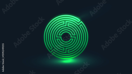 Complex geometric shapes of the circular labyrinth glow neon green on a dark black background, creating a futuristic, mysterious and high-tech feel.
