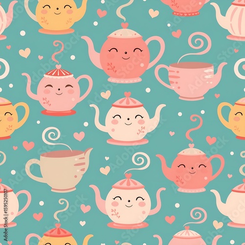 Create a seamless vector pattern of whimsical teapots and teacups in pastel colors, with playful steam spirals throughout.