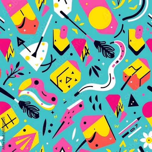 Design a seamless vector pattern featuring whimsical geometric shapes intertwined with vibrant abstract lines and sharp angles. Incorporate a bright fluorescent color palette with shades of pink, turq