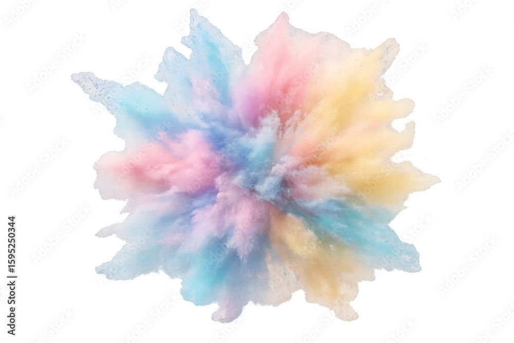 Naklejka premium Vibrant multicolored powder bursting dynamically, creating swirling colorful cloud pattern against transparent backdrop with explosive artistic energy