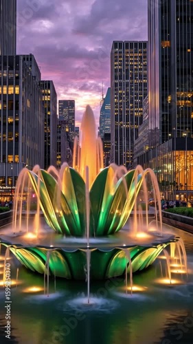 Urban Fountain Serenity: A majestic water fountain, crafted with intricate detail, gracefully cascades water against a backdrop of a vibrant city, a testament to human ingenuity and urban design.