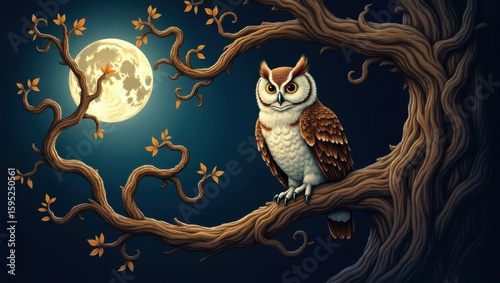 Beautiful owl at night on an old tree