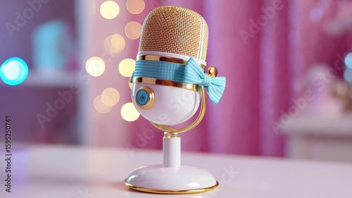 Vintage Microphone with a Lovely Decoration: A close-up shot of a vintage microphone, adorned with a turquoise bow, set against a softly blurred backdrop.