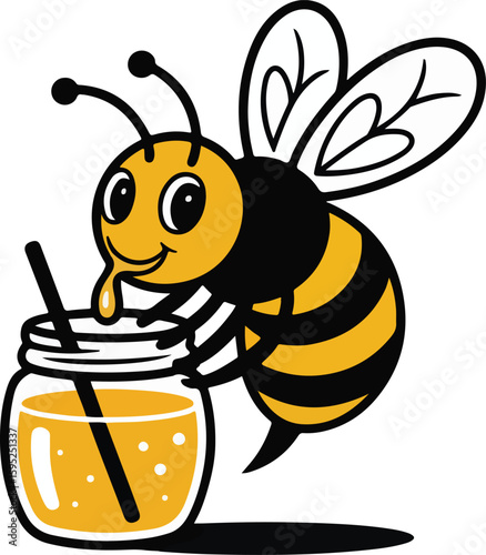 A cheerful bee sipping honey from a jar, in a simple, transparent vector png