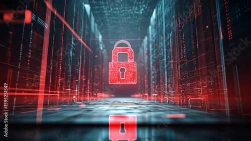 Cybersecurity Lock: A digitally enhanced visual representing data security, with a prominent lock emblem set against a matrix background, it showcases the intricate infrastructure.