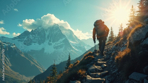 Person hikes up stone trail. Traveler with backpack and poles climbs mountain. Lush trees and snowy Mountains rise in distance under blue sky and sun
