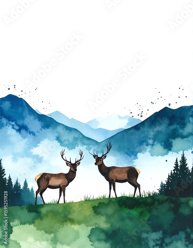 Two graceful deer stand atop a lush green hill, their silhouettes framed against majestic mountains in the background, under a clear blue sky.