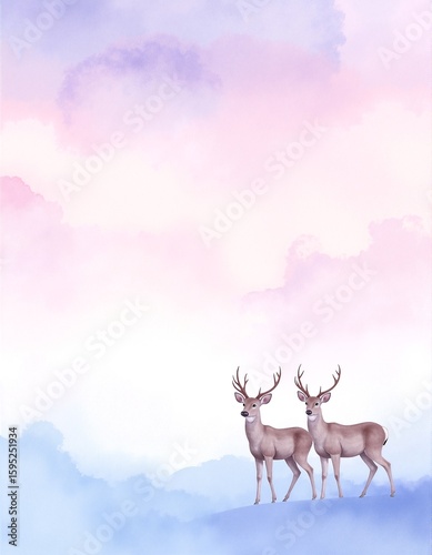 Two graceful deer stand atop a lush green hill, their silhouettes framed against a backdrop of fluffy white clouds drifting across a bright blue sky.
