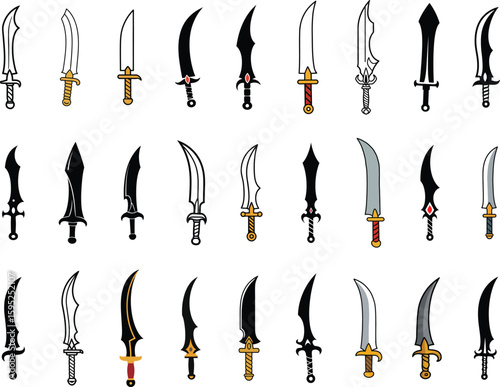 Fantasy Curved Sword Vector Set Black and Gold Short Blade Collection for Game UI or Concept Art . 