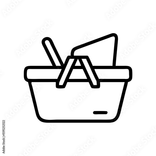 A simple line drawing of a picnic basket with handles and some contents inside the basket icon art