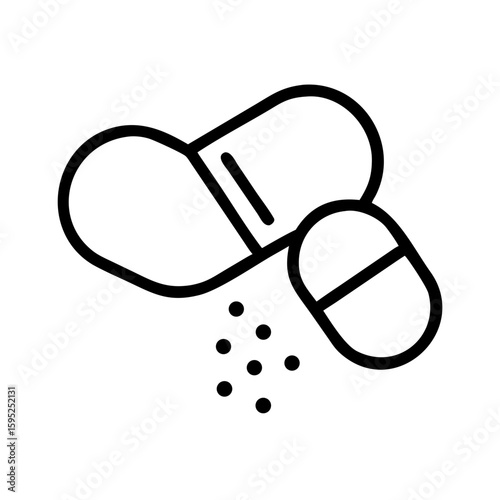 Illustration of open capsule with granules spilling out and a closed capsule in black outline style