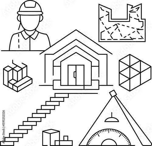 A collection of simple, line art icons representing construction, architectural design, and engineering.