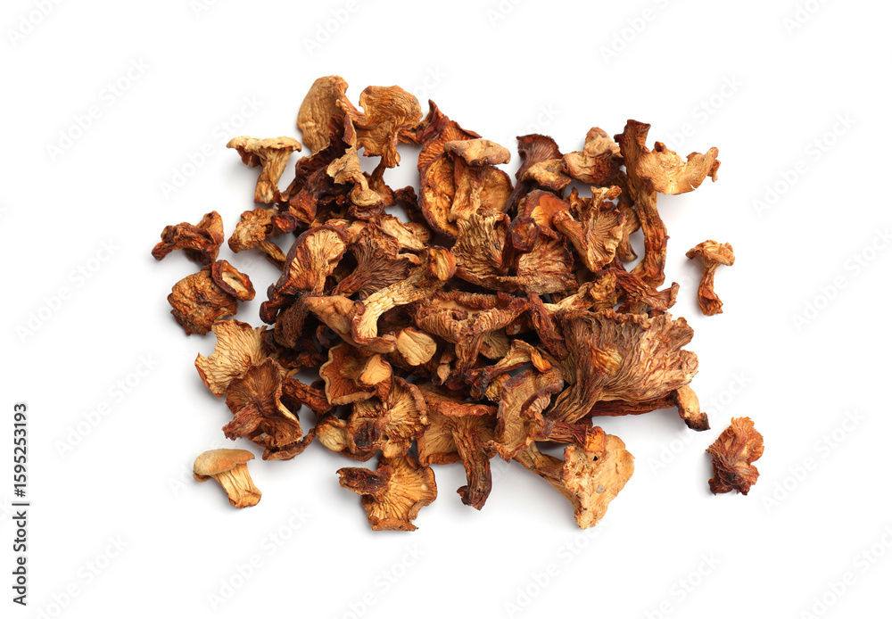 Fototapeta premium Many dried chanterelle mushrooms isolated on white, top view