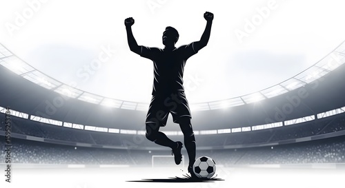 Ai generated image of a soccer player in silhouette celebrates a goal with raised arms in a brightly lit stadium, showcasing the thrill of victory and the energy of the game
