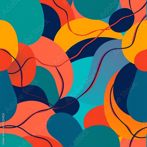 Create a seamless vector pattern featuring abstract geometric shapes and fluid lines in harmonious, vibrant colors. Emphasize overlapping forms and motion to evoke a sense of energy and dynamism.