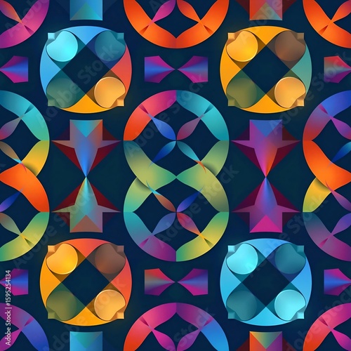 Create a seamless vector pattern featuring abstract geometric shapes that intertwine and overlap in a harmonious dance of vibrant colors and gradients, evoking a sense of movement and connection.