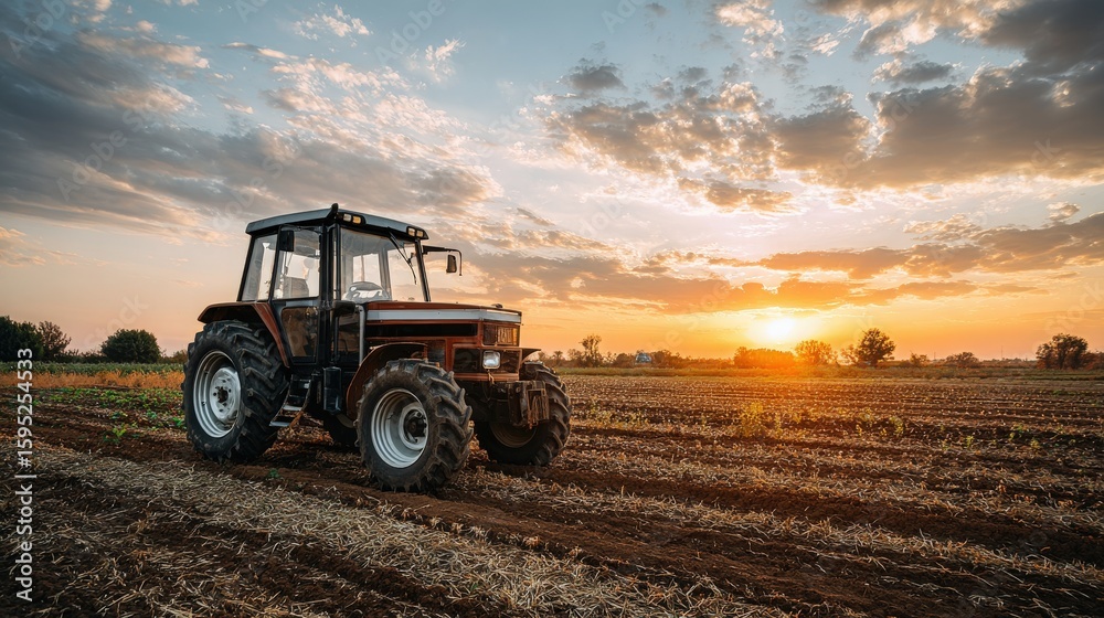 Fototapeta premium Red Tractor in Field at Sunset
