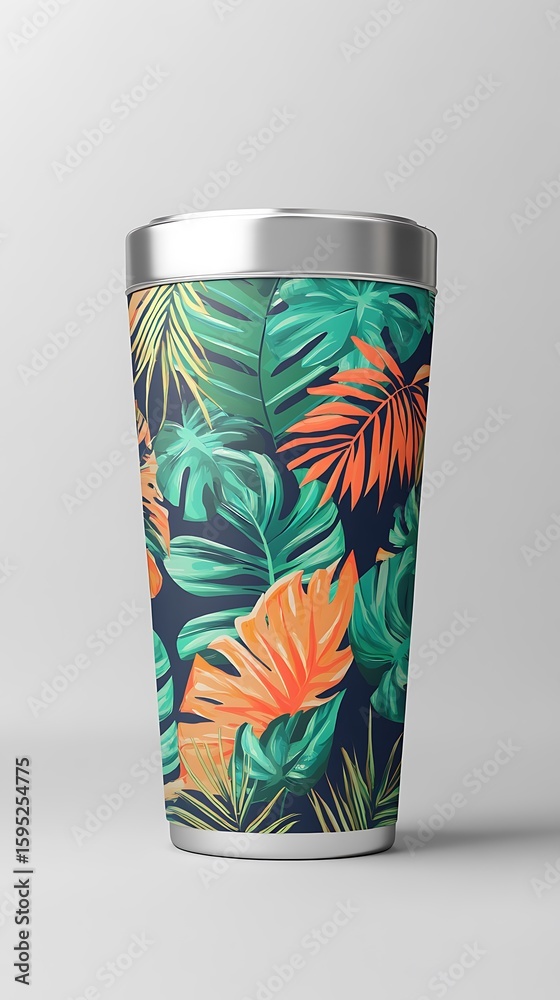 Obraz premium Silver metal canister showcases a vibrant tropical leaf pattern against a light grey background